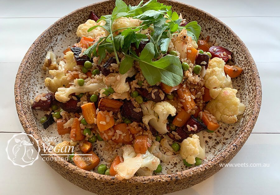 Roast Beetroot and Carrot Brown Rice Salad with Caesar Dressing