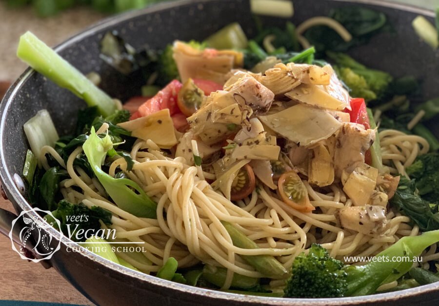 Spaghetti Salad with Artichokes and Green Veg