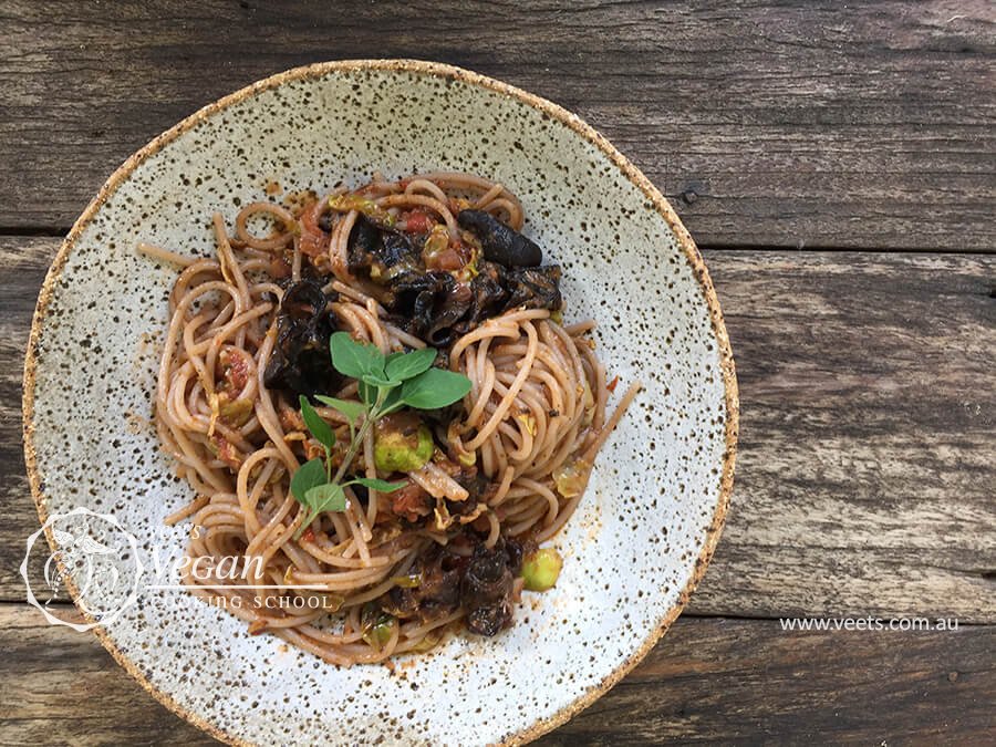 spaghetti-with-woodear-mushrooms-and-brussel-sprouts